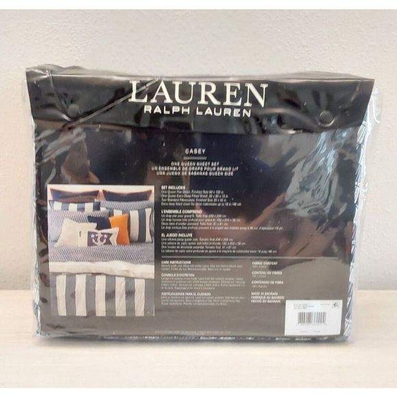 Ralph Lauren CASEY GEO PRINT Navy Cream 100% Cotton Queen Sheet Set Bedding - Picture 8 of 10